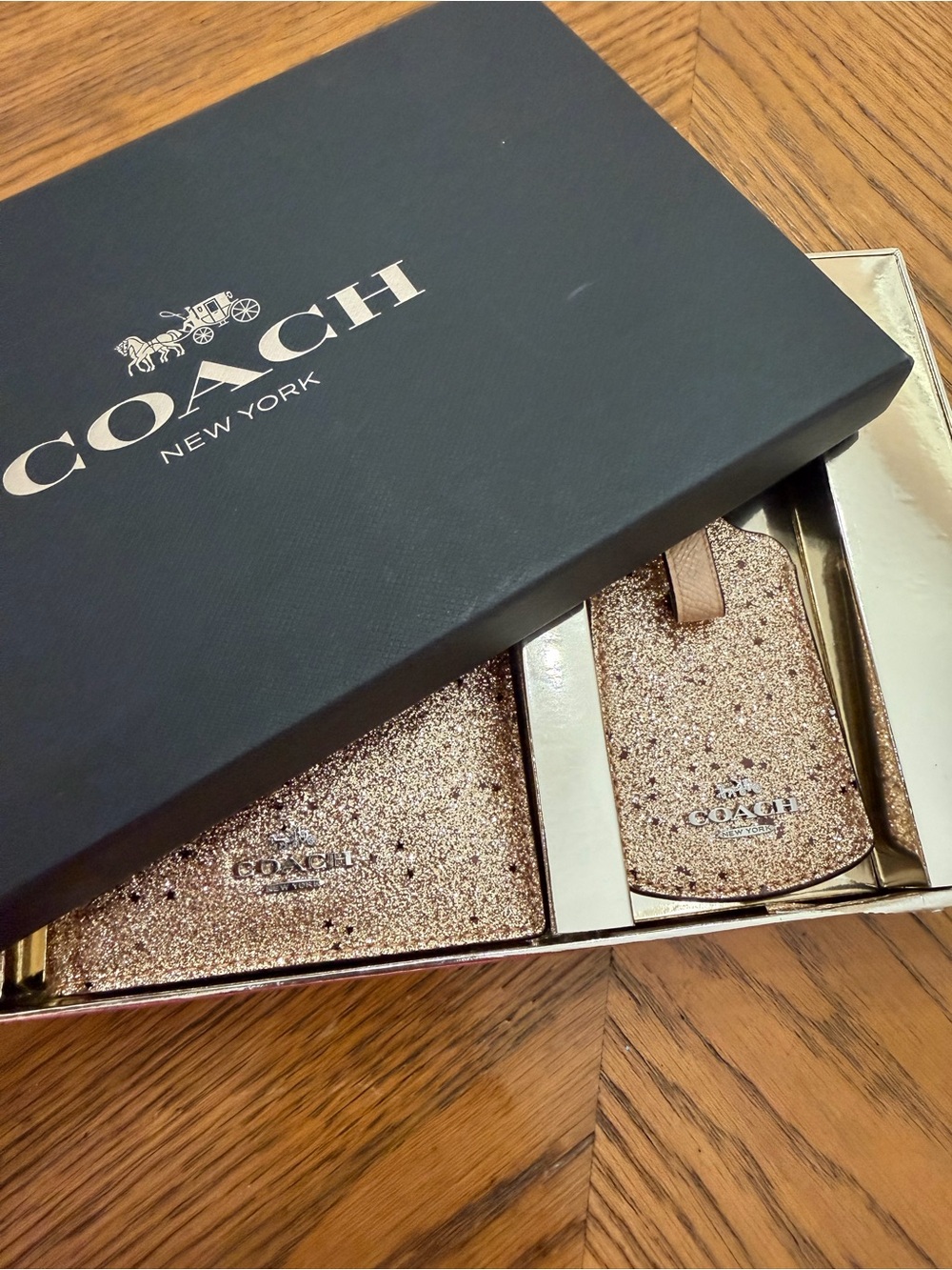 NWT COACH Metallic Glitter Gold Passport Cover & Luggage Tag Gift Set